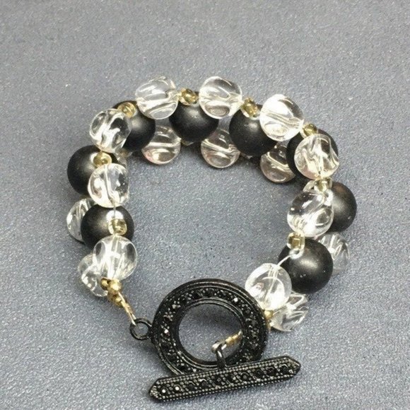 Jewelry - Black Toggle Closure Bracelet As Is Clear Gold Seed Bead Retro BoHo